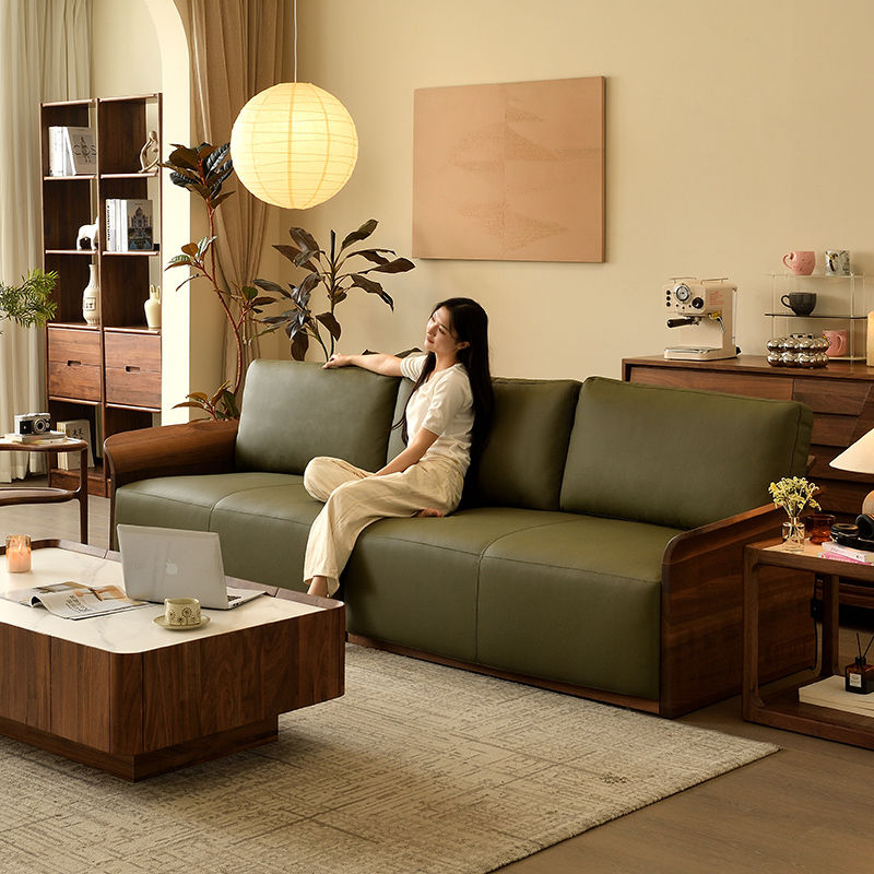 伯克威尔真皮沙发原木北美黑胡桃木实木家用极简客厅三人位家具