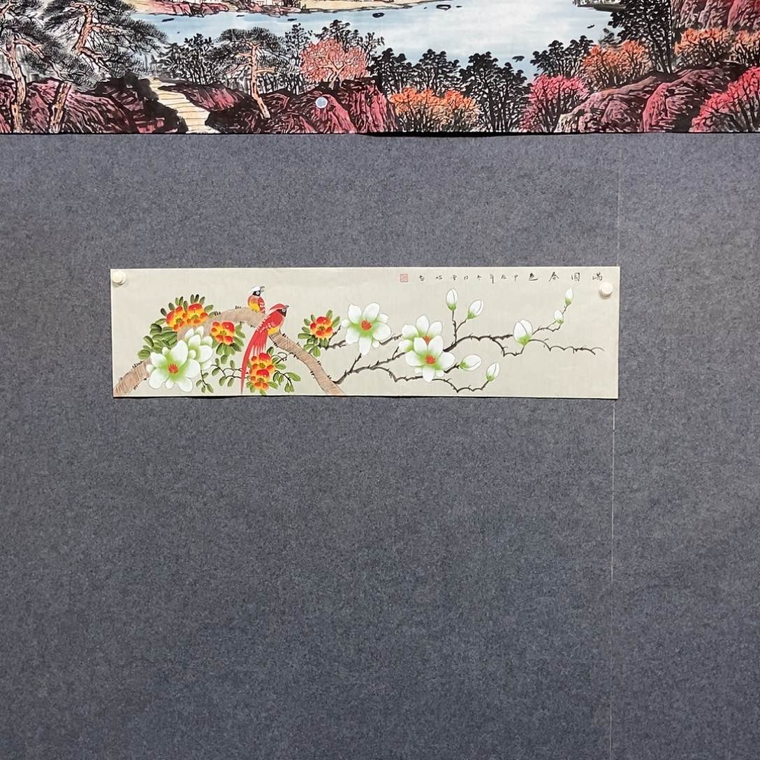 国画四尺对开花鸟画一副