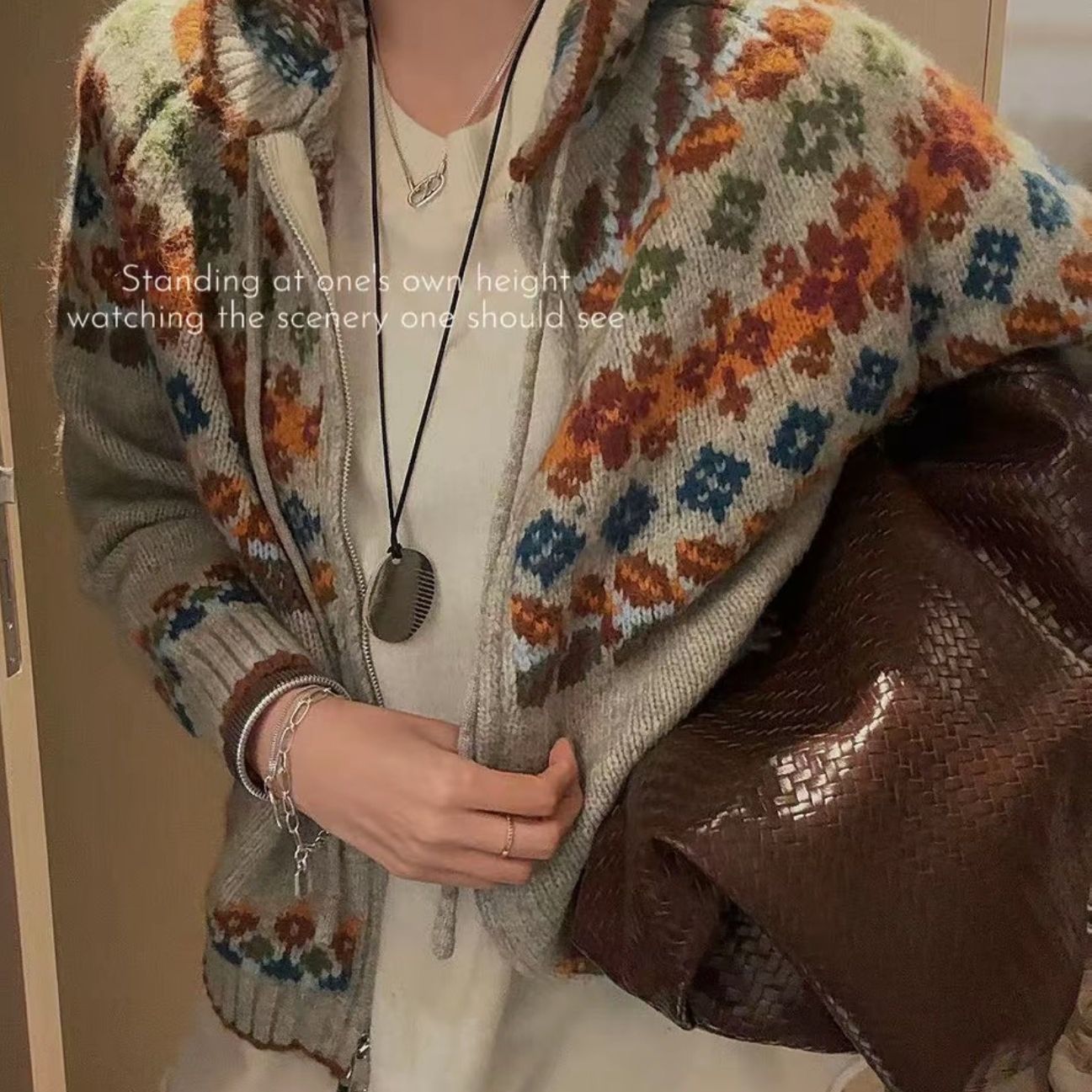 拉链费尔岛复古提花连帽针织开衫外穿秋冬慵懒宽松保暖毛衣外套