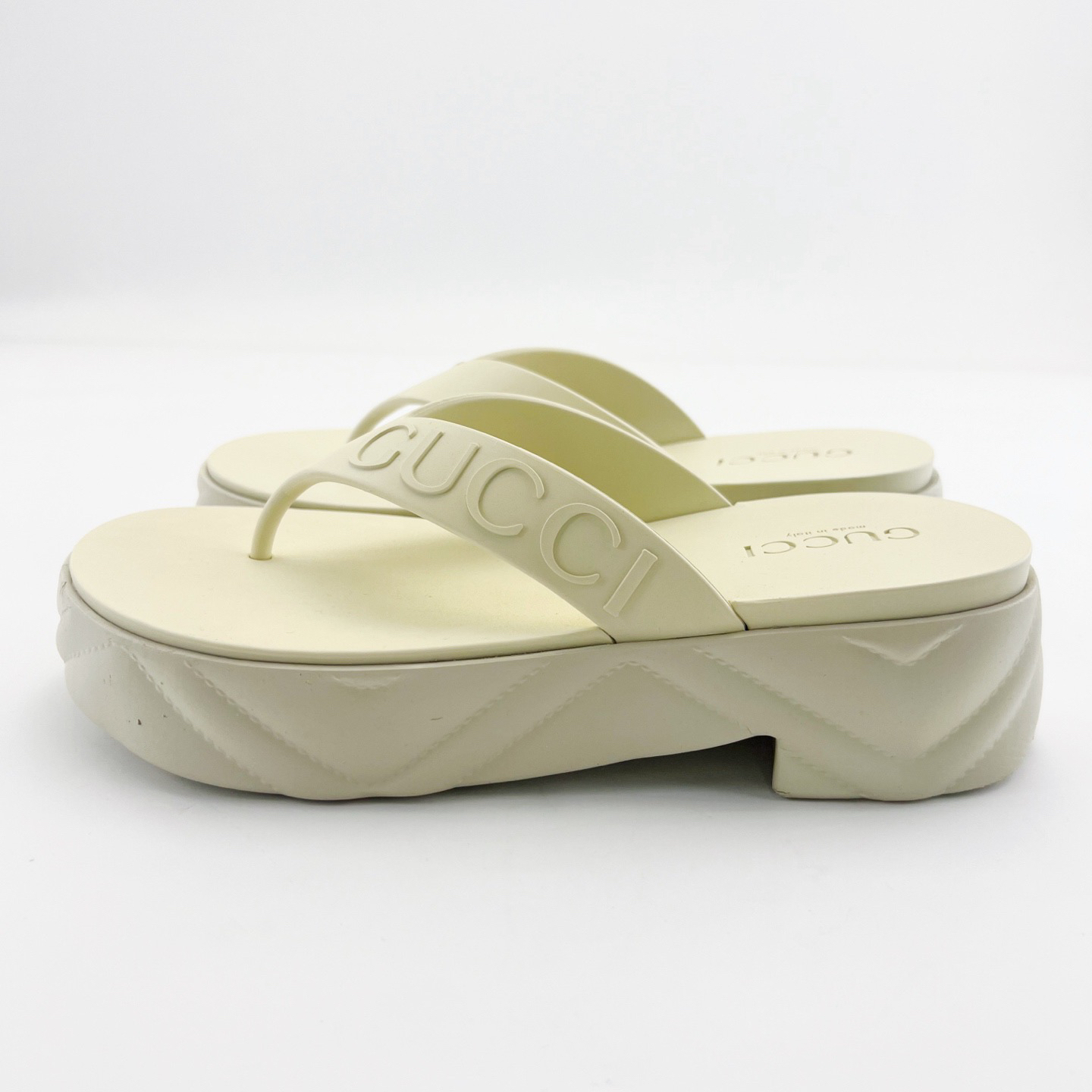 95新 GUCCI/古驰 39.5码/米白色橡胶厚底人字拖鞋/15975643