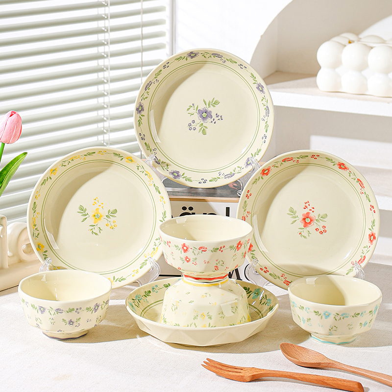 芬利兰【8个装】繁花似锦/碗盘8件套陶瓷餐具套装网红家用碗碟盘