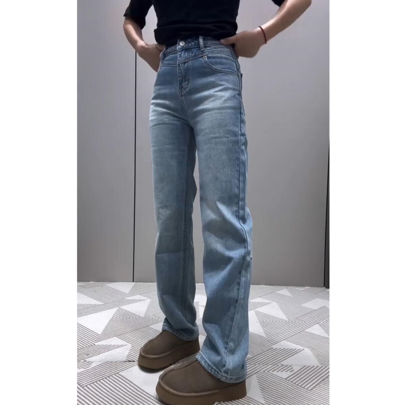 大码高腰窄版直筒牛仔裤女2025年春季新款小个子弹力显瘦长裤子