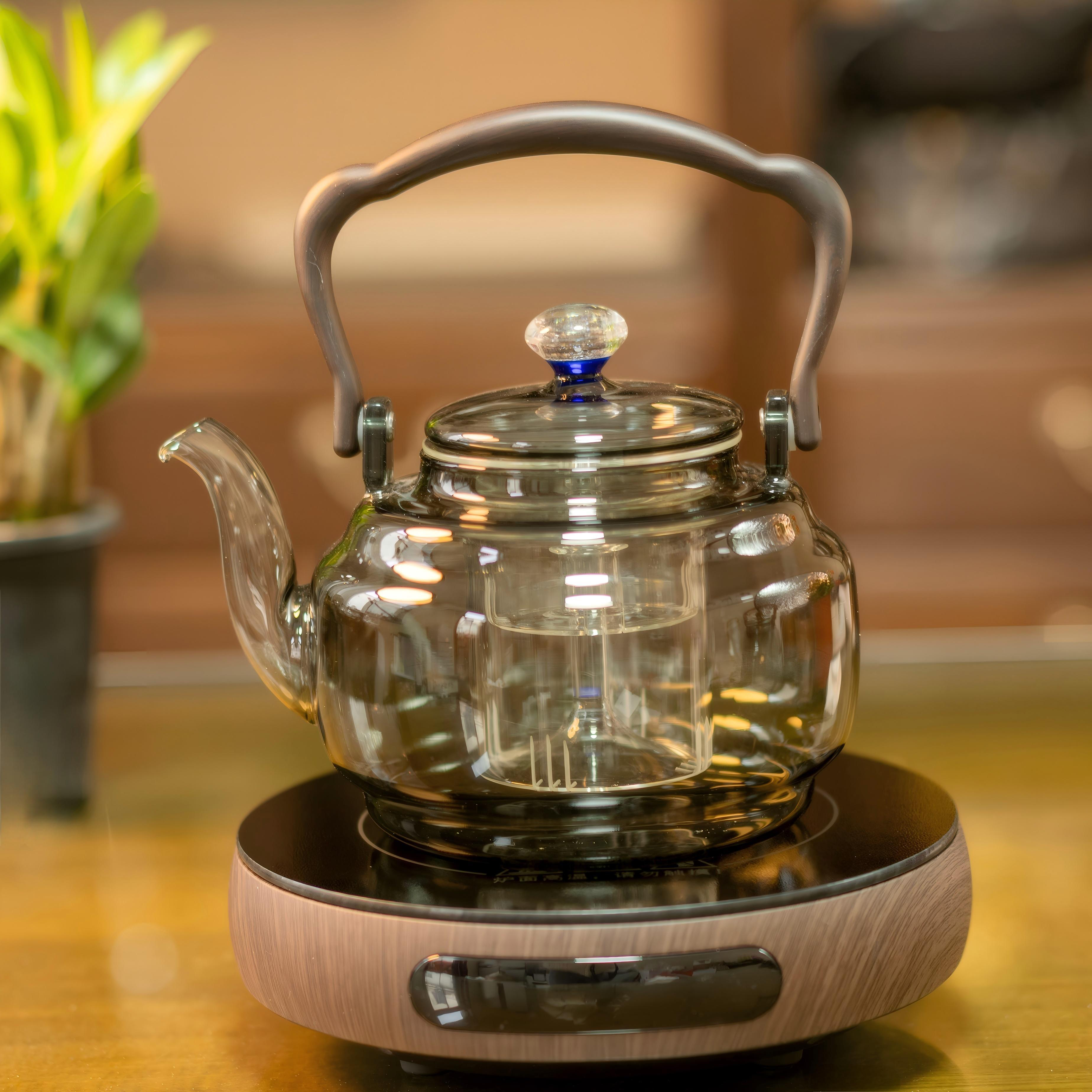 高硼硅玻璃烟灰色星韵壶蒸煮一体煮茶壶套装（星润壶+木纹炉+六杯）