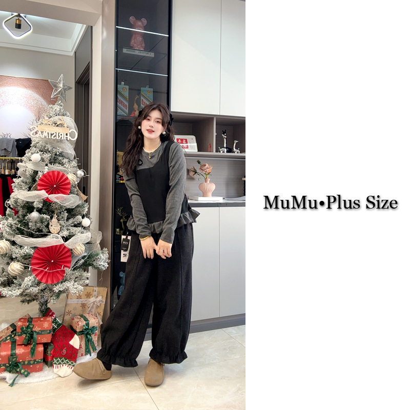 【木 木】冬季新款木耳边假两件上衣花边裤子套装女显瘦遮肉两件套