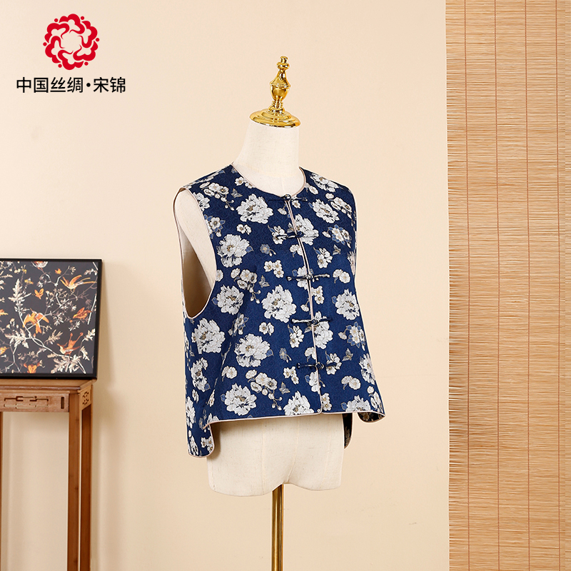 【李海龙 蓝底蝴蝶茶花】中国丝绸宋锦新中式马甲时尚百搭正品女装