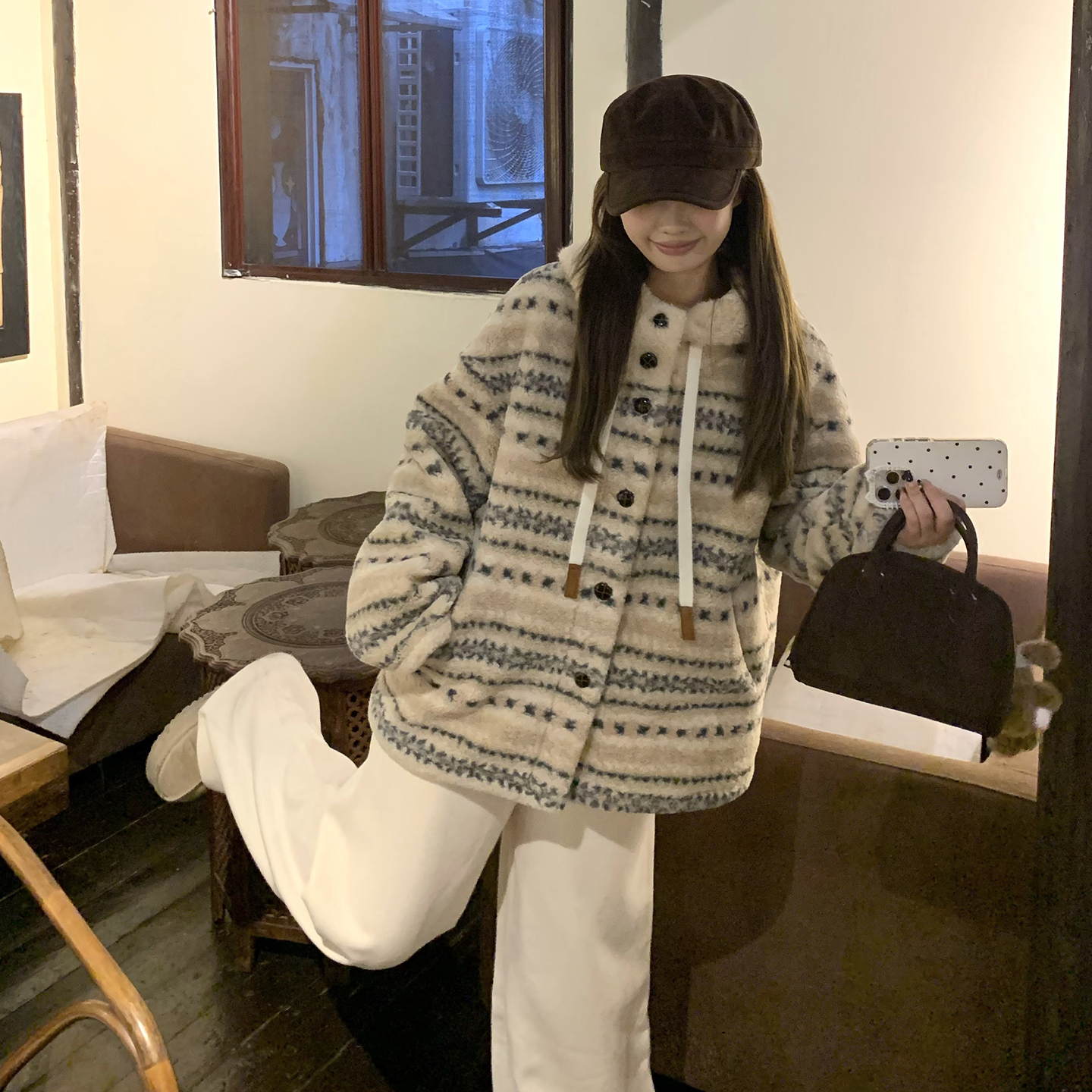 2025冬季新款加厚费尔岛连帽毛毛外套百搭女韩版毛毛外套ins