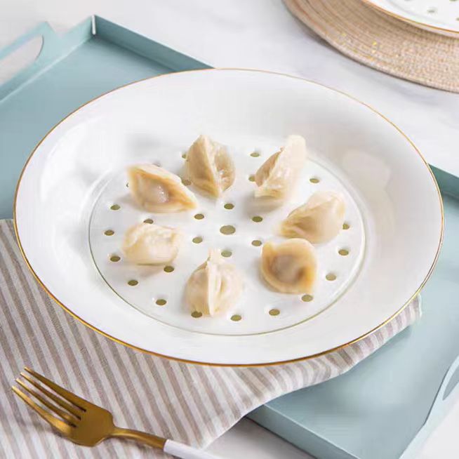 描金8/9/10.5英寸饺子盘骨瓷家用水饺盘子圆形水果盘双层沥水盘