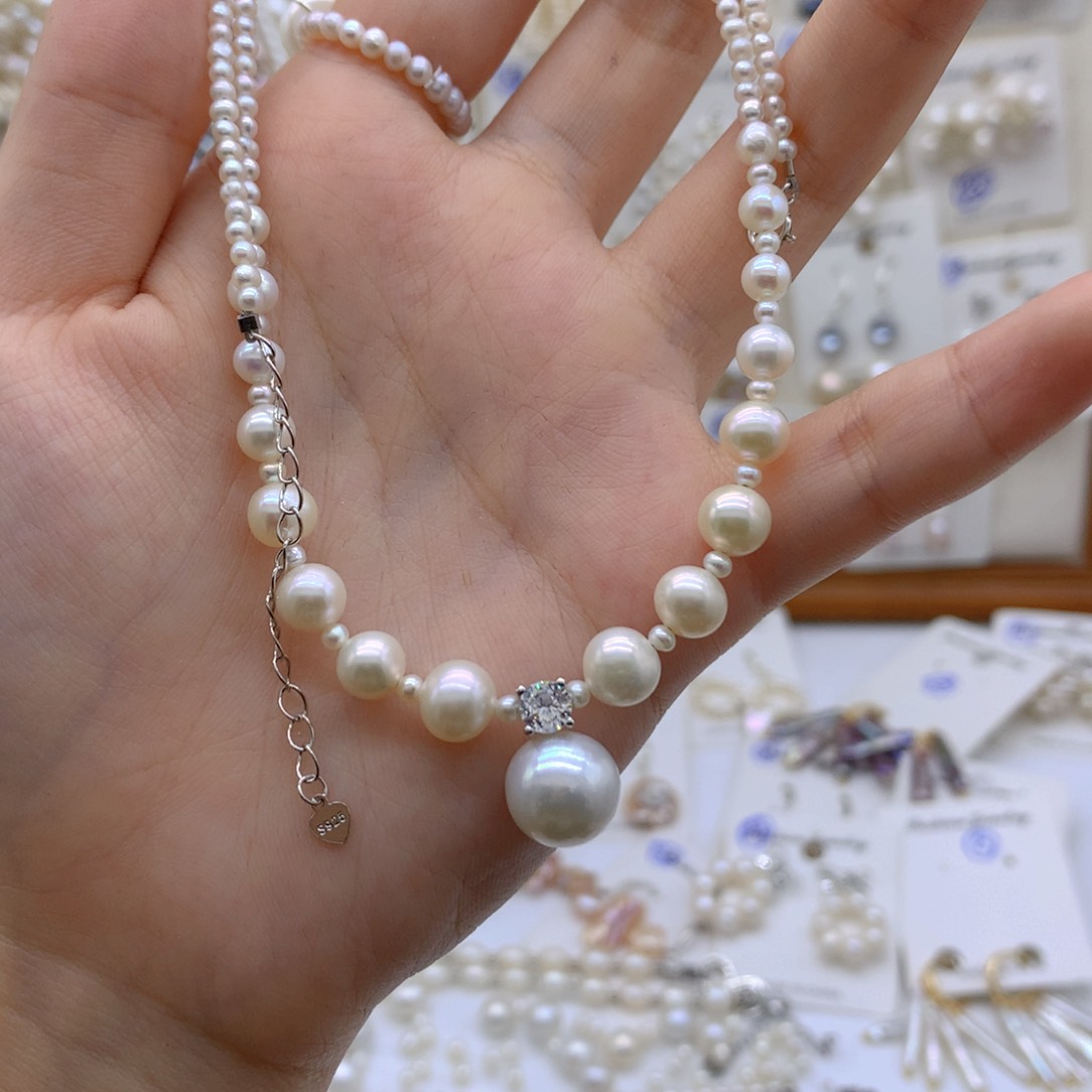 花***眠银S925镶嵌淡水珍珠项链耳饰