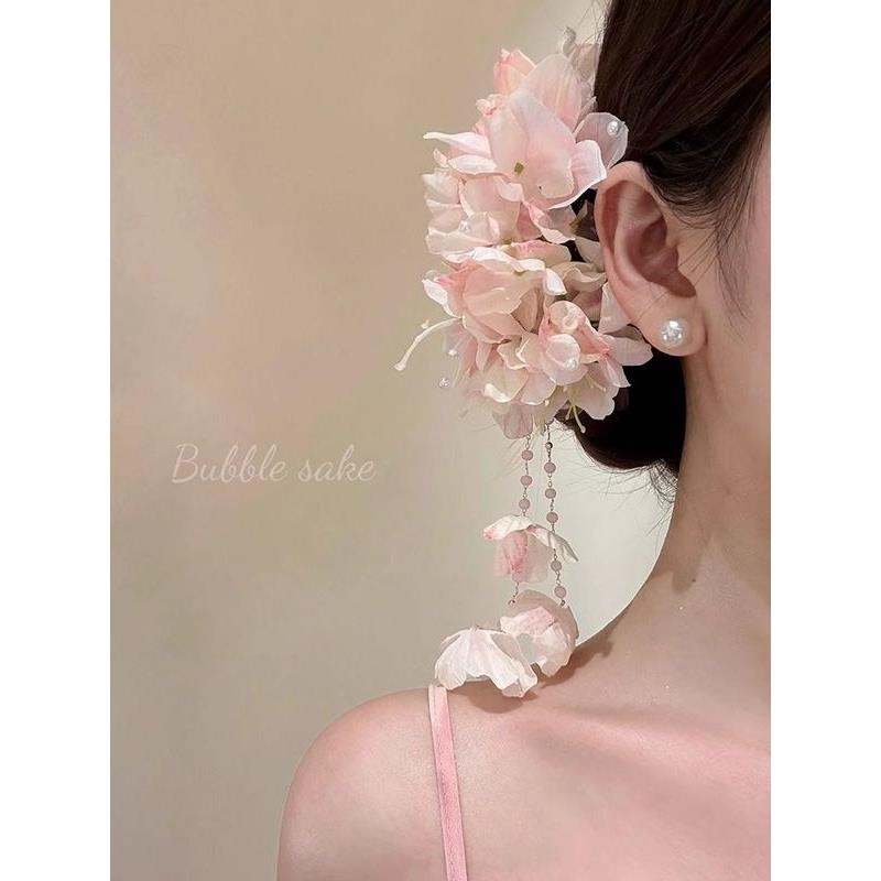 【海棠依旧】唯美粉色花朵流苏发夹女夏季度假拍照氛围感发饰2025