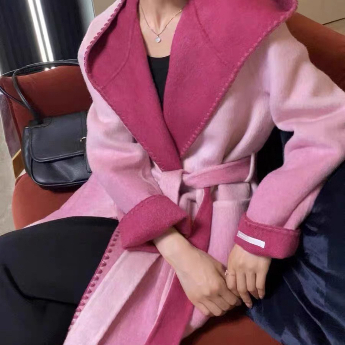 渐变色连帽系带双面大衣女长款宽松气质通勤毛呢外套秋冬新款