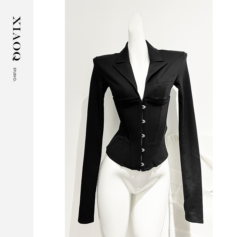 【小Q家】47851设计感单排扣鱼骨收腰微弹显瘦上衣