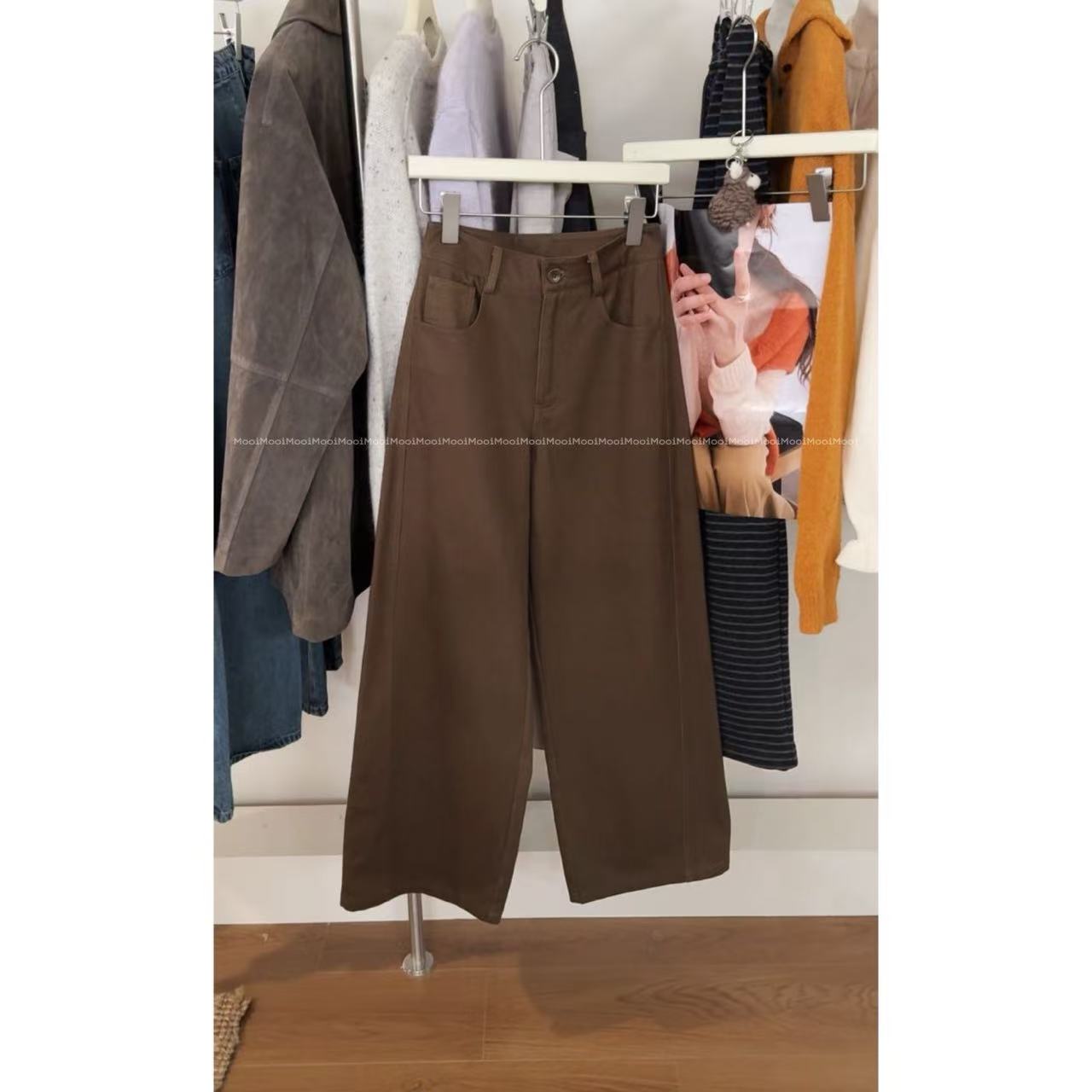 【mooi】'肉桂棕'秋冬新款韩版ins风小众设计感直筒底磨毛休闲裤,