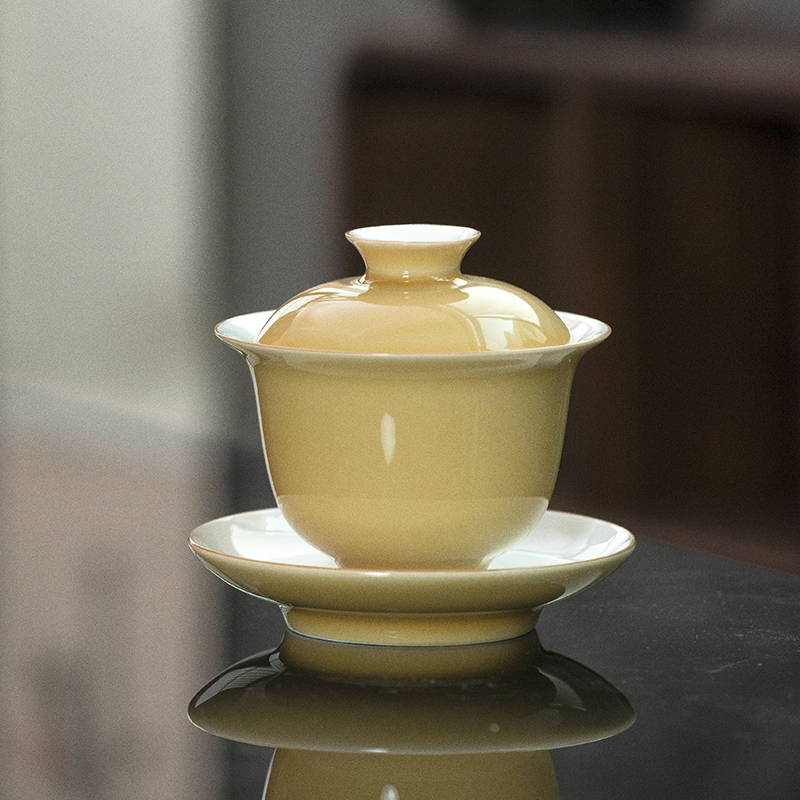 沉香三才盖碗功夫茶具套装大号敬茶碗家用品茗杯黄色釉陶瓷泡茶碗