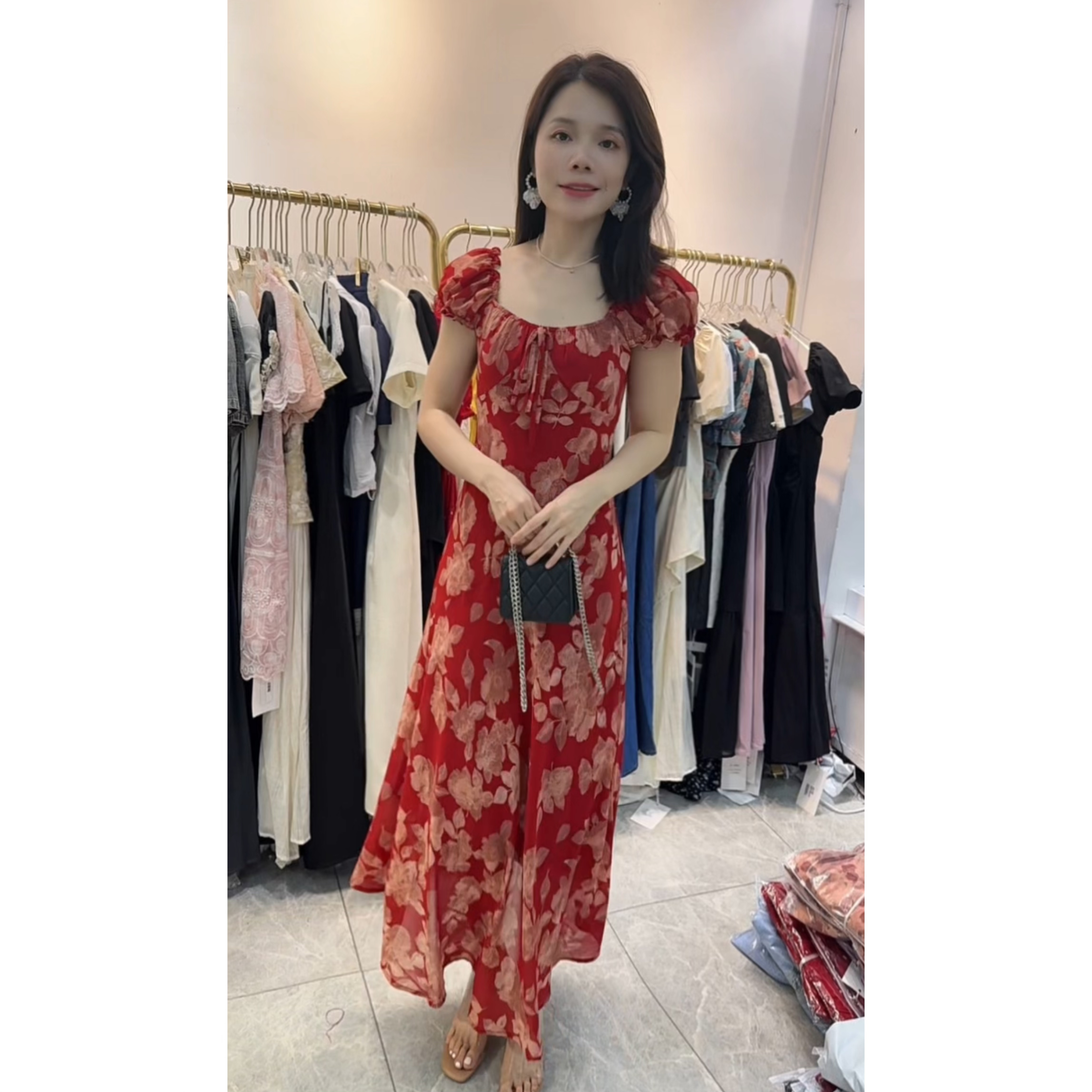 法式时尚定制方领碎花连衣裙2025夏季显瘦长裙2339