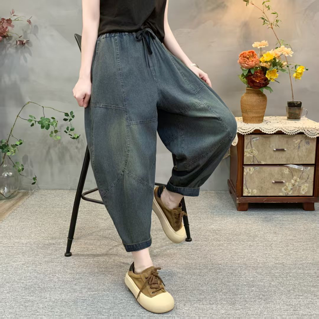 9936夏季薄款炒色系复古牛仔复古蓝大版哈伦裤