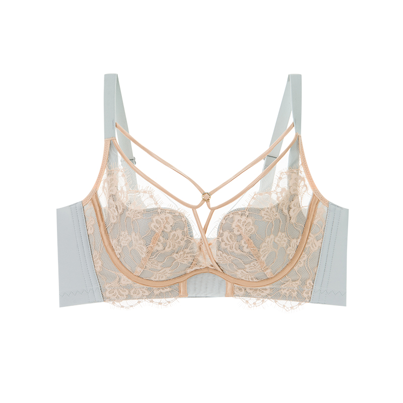 法式撞色性感蕾丝大胸显小聚拢调整型薄款美背软钢圈内衣文胸