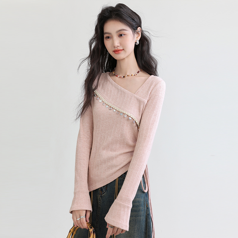 2025春季新款设计感不规则收腰抽绳长袖T恤女喇叭袖打底显瘦上衣