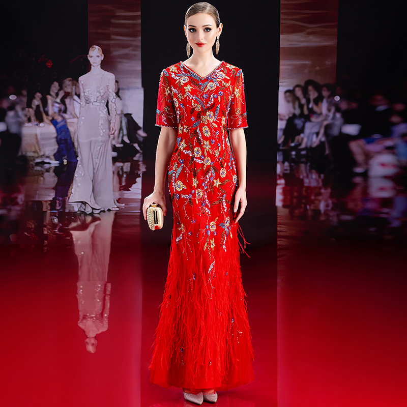 6012高端重工钉珠婚宴主持人晚礼服轻奢高级感演出服喜婆婆婚宴装