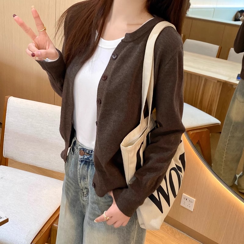 圆领针织外套毛衣女2025春装新款宽松外搭开衫高级感长袖春秋上衣