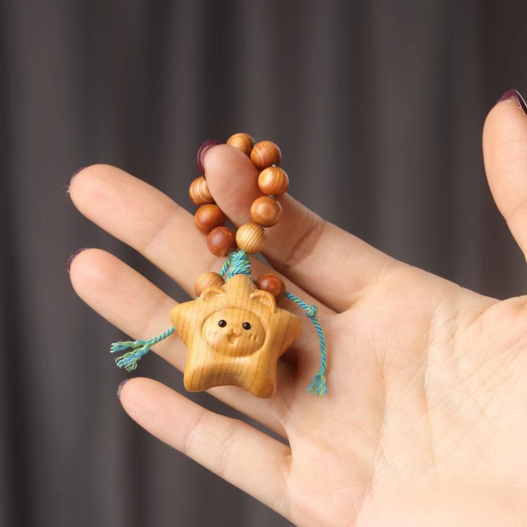 崖柏笑脸喵星手把件原创木雕手捻可爱星星DIY配饰卡通文玩钥匙扣
