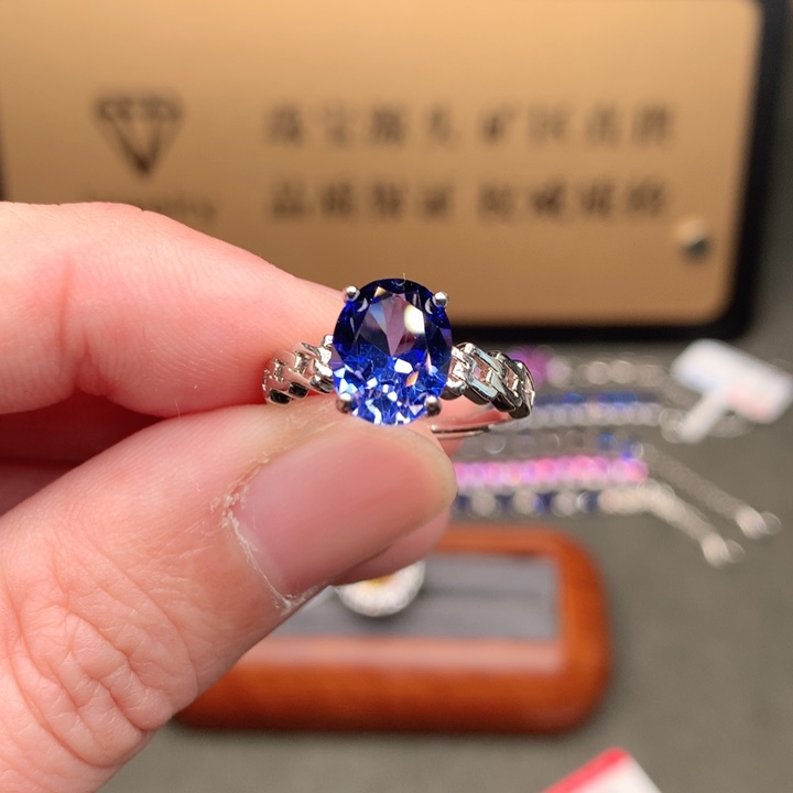 蓝宝石戒指银S925镶嵌矢车菊