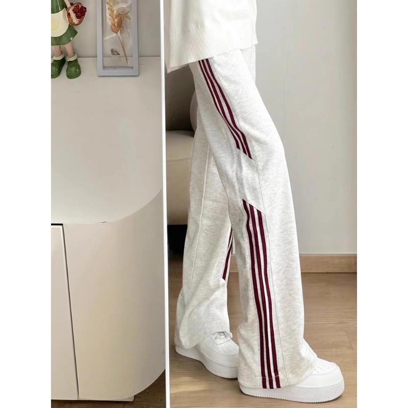 美式撞色条纹加绒灰色卫裤男款秋冬休闲百搭潮牌宽松阔腿休闲裤子