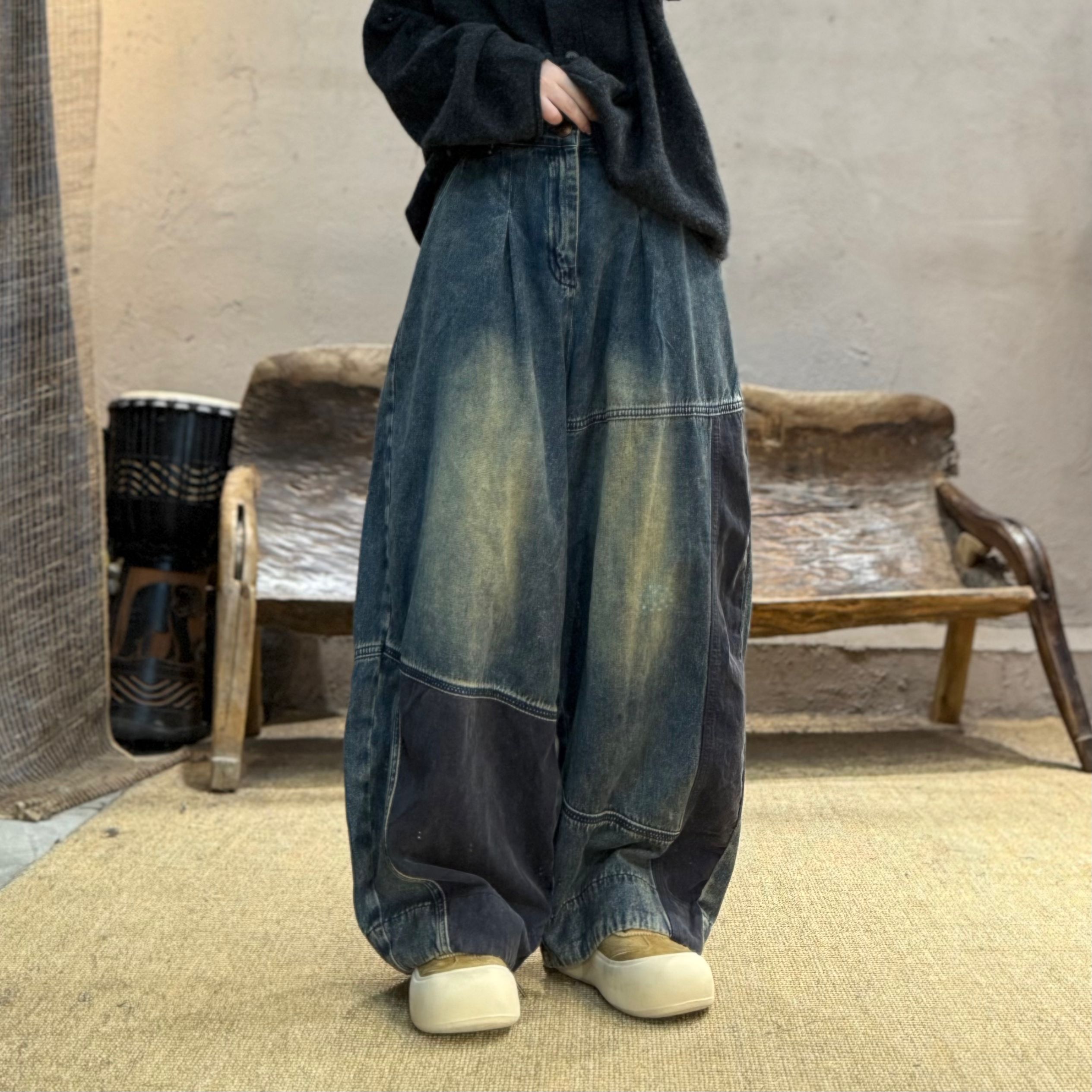 250257忆古朴拙秋季棉麻拼接复古水洗牛仔裤宽松百搭减龄休闲裤