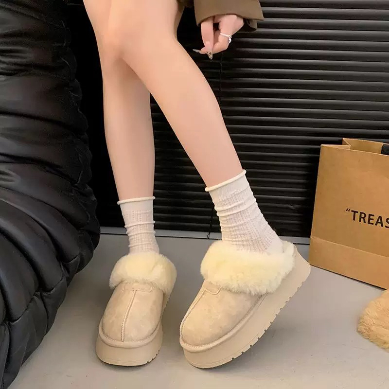 学院风松糕跟包头拖白色毛毛拖鞋平底时尚加绒秋冬