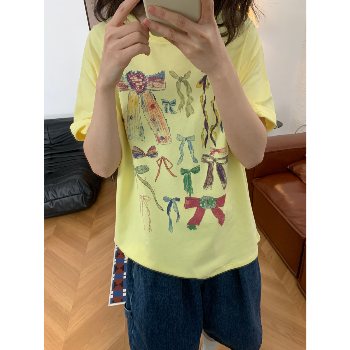 小众创意蝴蝶结印花短袖T恤2025夏季新款别致卡通宽松慵懒风上衣