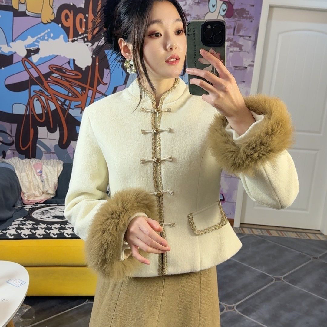 mm中式国风香风盘扣毛呢外套秋冬高腰长裙显瘦两件套半身裙套装