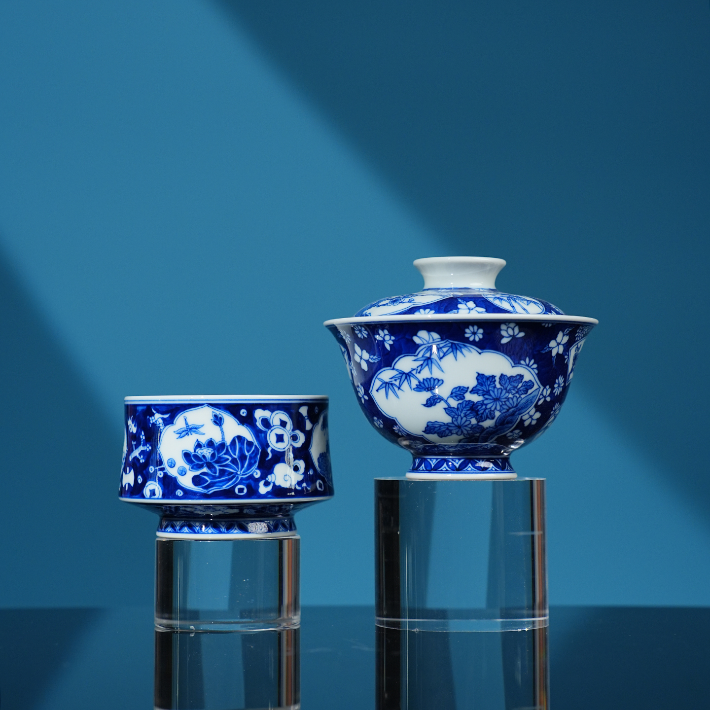 两亩陶瓷蓝地开窗花卉茶器 景德镇高档手工手绘茶具送礼喝茶茶碗