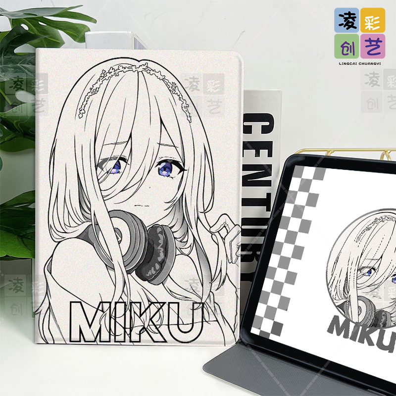 凌彩创艺平板保护套适用苹果华为小米蚕丝纹书本款线稿三玖周边