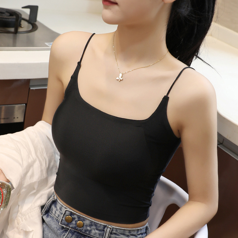 韩版内搭修身带胸垫无痕裹胸少女一片式文胸冰丝露肚脐吊带背心女