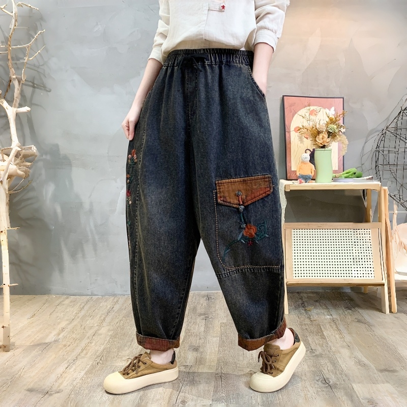 洋气哈伦老爹刺绣水洗牛仔哈伦老爹裤宽松休闲松紧大码贴布9165