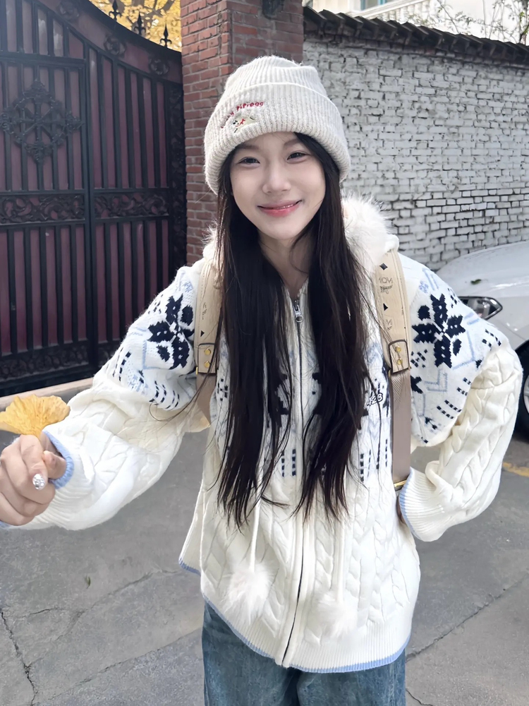 新款复古费尔岛麻花针织衫外套女秋冬季新款宽松慵懒风女连帽开衫