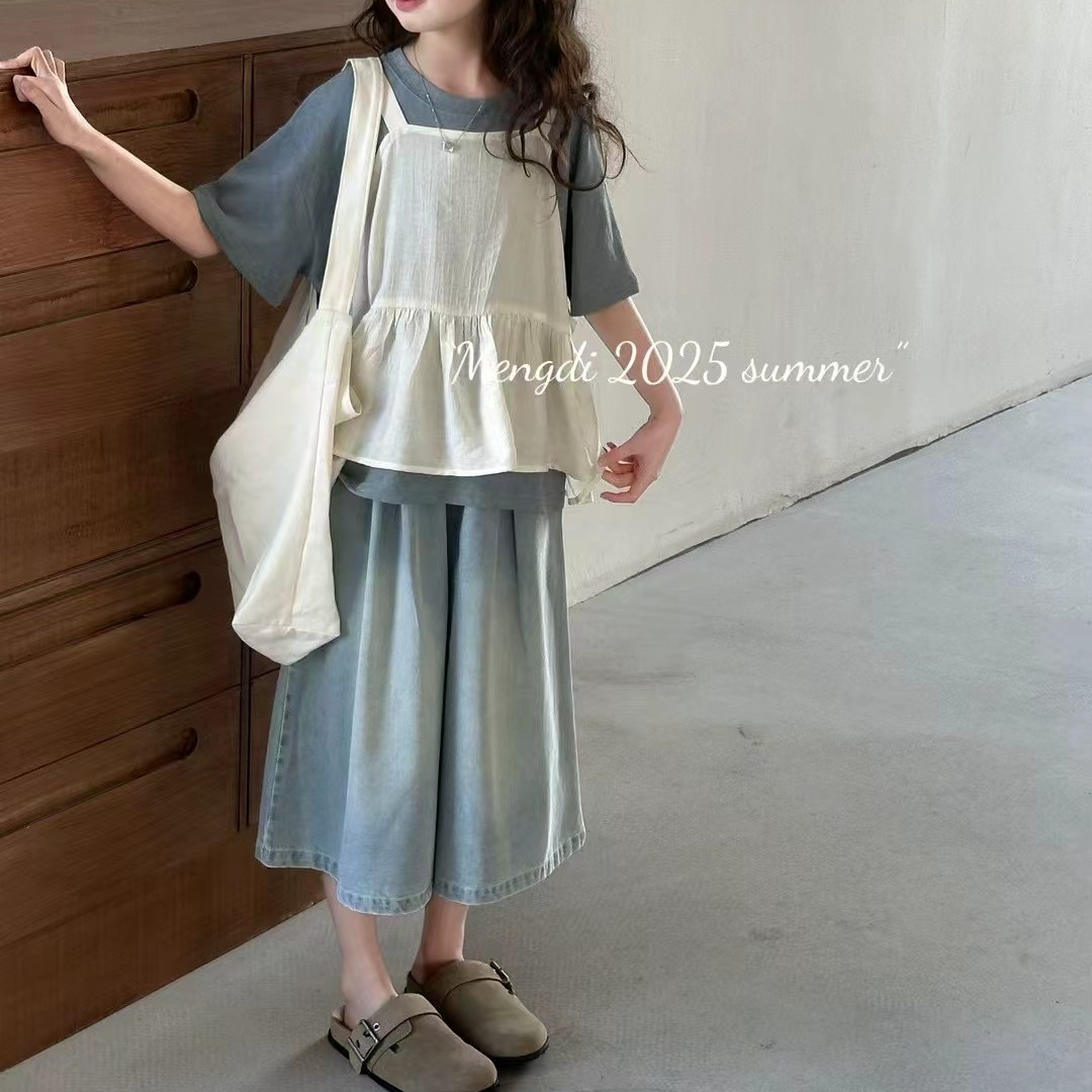 薄款套头夏季牛仔纯色洋气上衣套装休闲韩版女