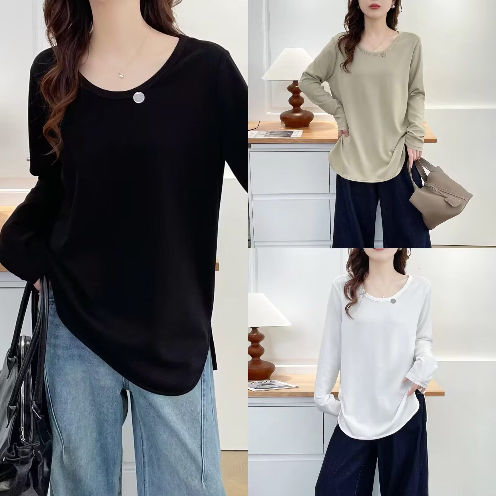 大码女装U领中长款长袖T恤女200斤胖mm宽松遮肚子显瘦纯色打底衫
