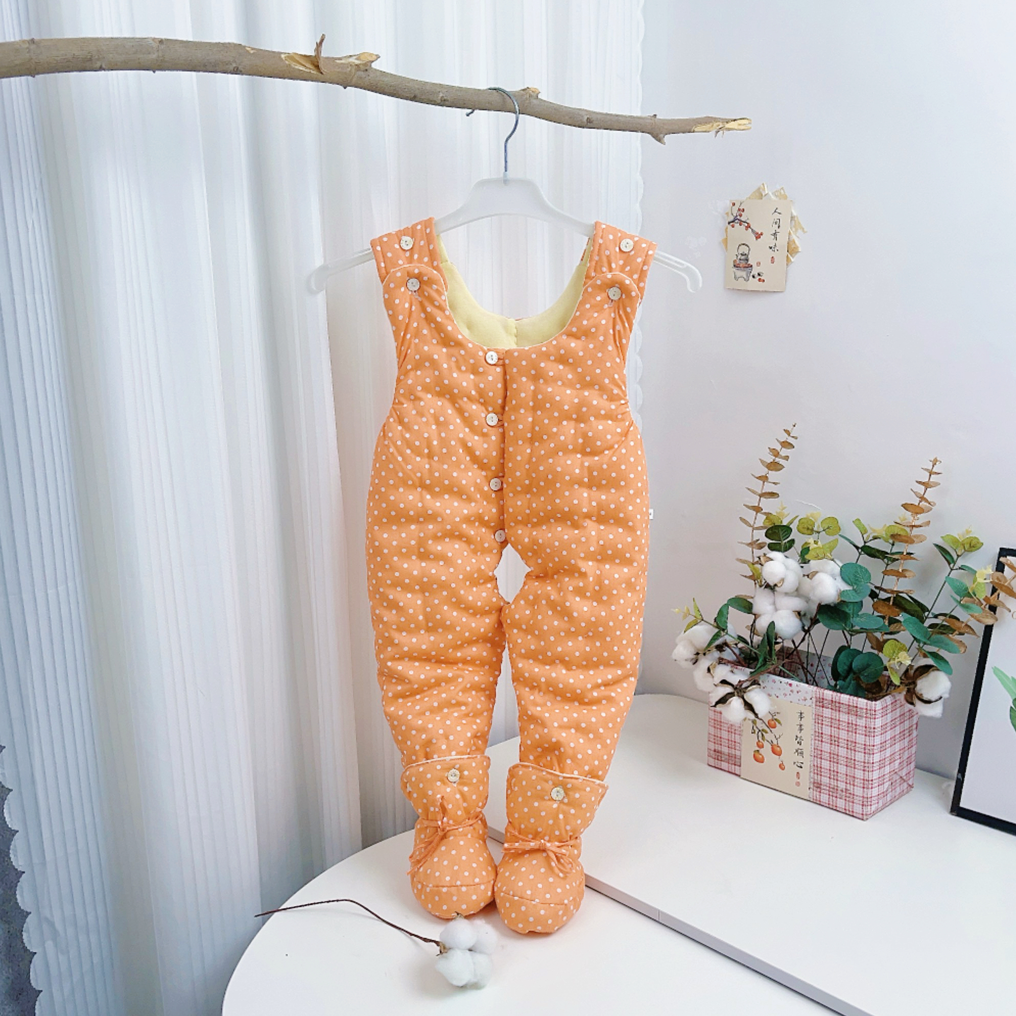 宝宝手工天然棉花包脚厚款棉衣婴幼儿连脚棉裤保暖男女童冬季棉服