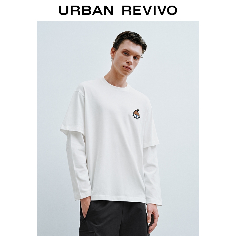 UR2025秋季新款男装潮流像素风刺绣假两件棉质T恤UUV450064