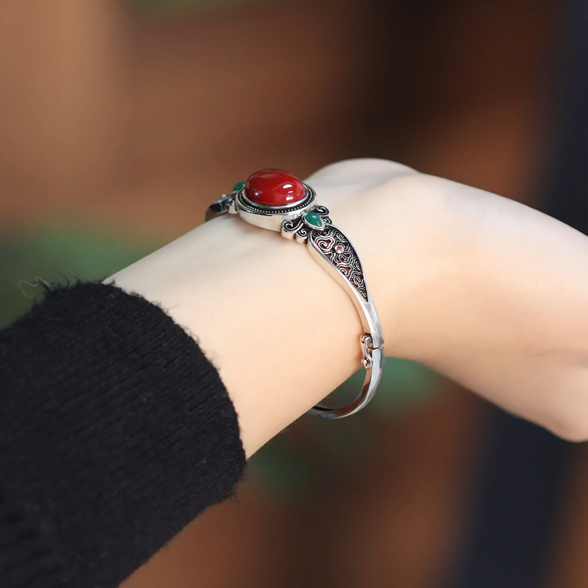 黄铜手镯 复古国风祥云蛋面手镯女新中式国潮镯子开口手环饰品