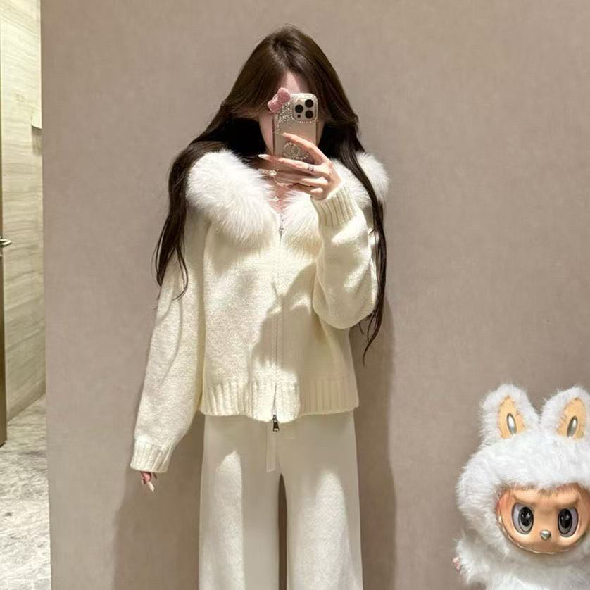 韩版毛领针织连帽双拉链毛针织衫