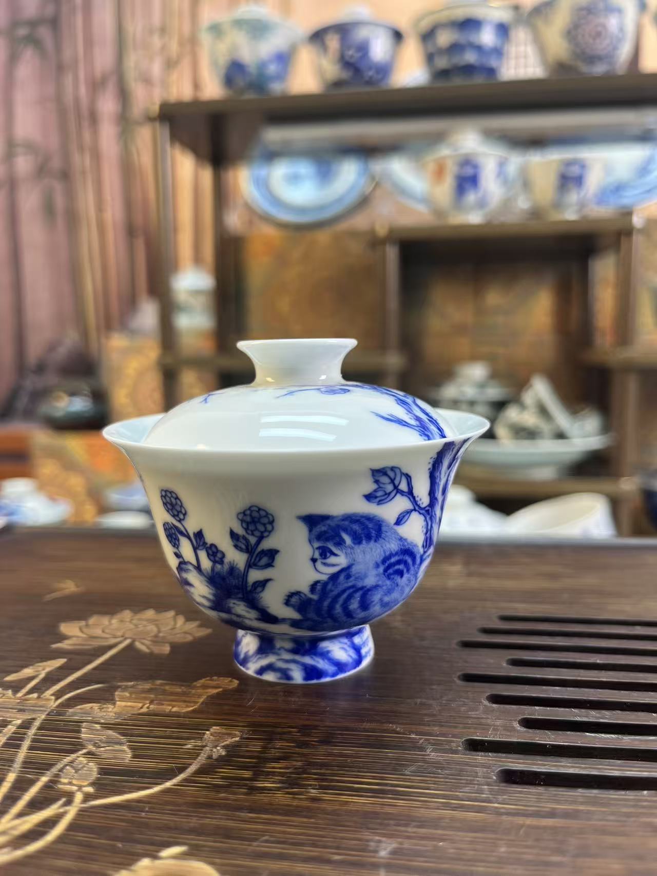 景德镇陶瓷高端精工手工手绘可爱小猫咪盖碗