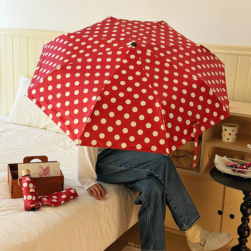 复古红波点晴雨伞便携折叠遮阳防紫外线太阳伞雨衣