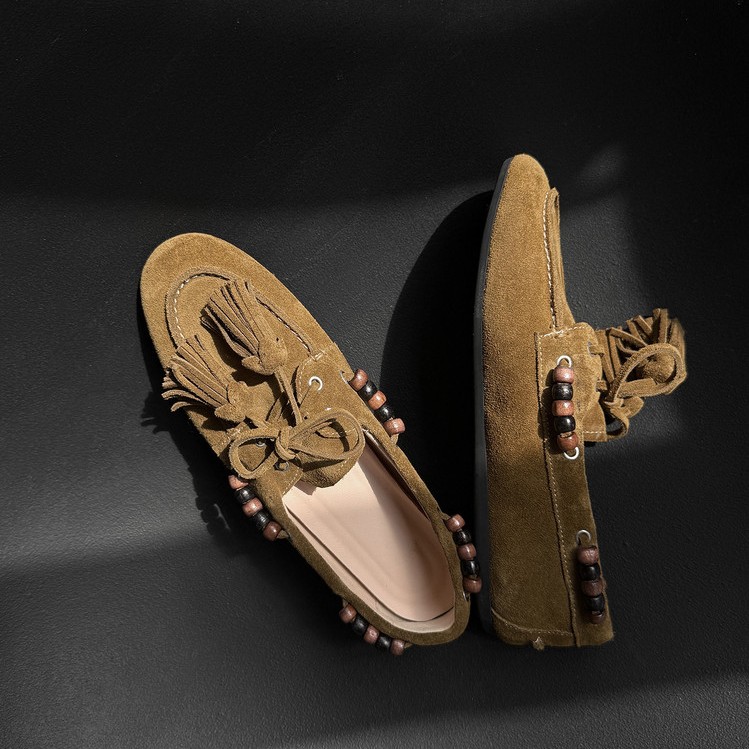 【指念】流苏乐福鞋豆豆鞋复古串珠平底百搭女鞋皮鞋羊皮休闲单鞋