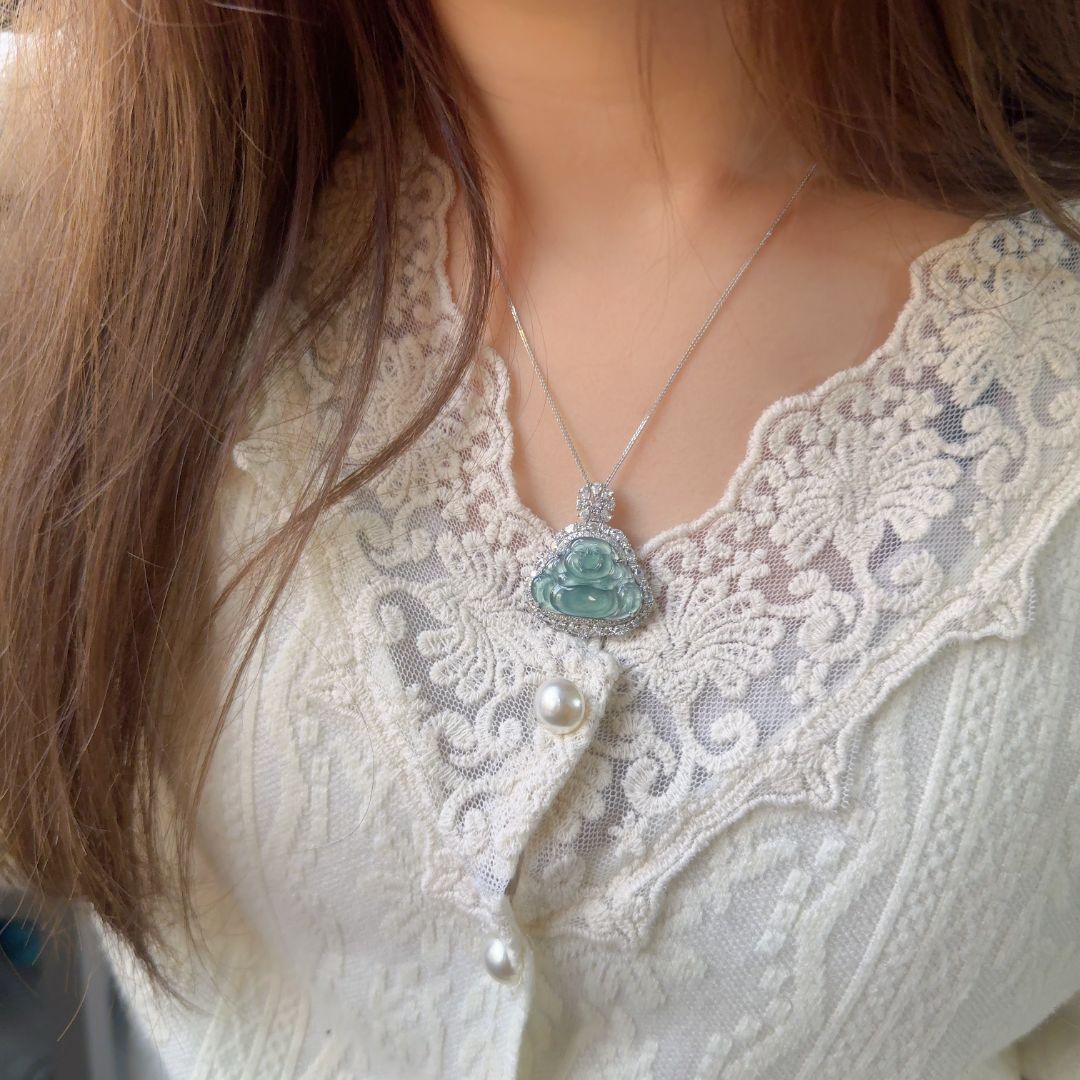 翡翠A货佛公S925银托轻奢百搭精致日常款高冰大肚佛 多样性发一