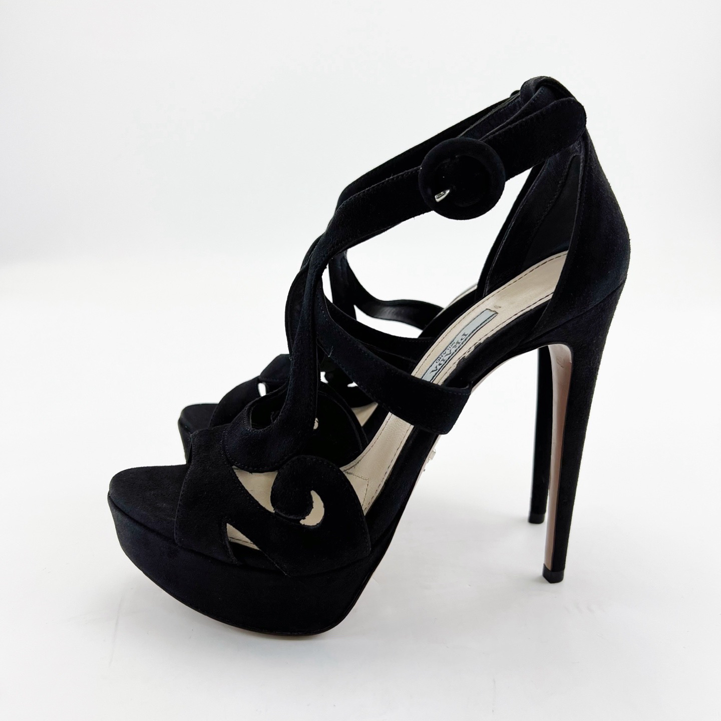 95新 Prada/普拉达 37.5码/拼色秀款火焰漆皮尖头高跟鞋/15632175