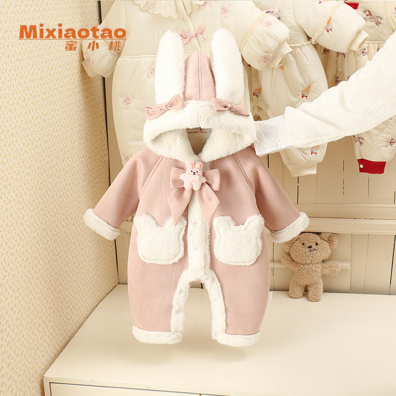 蝴蝶结小兔一体绒哈衣冬款女童长袖幼儿婴儿新生儿女宝婴童宝宝