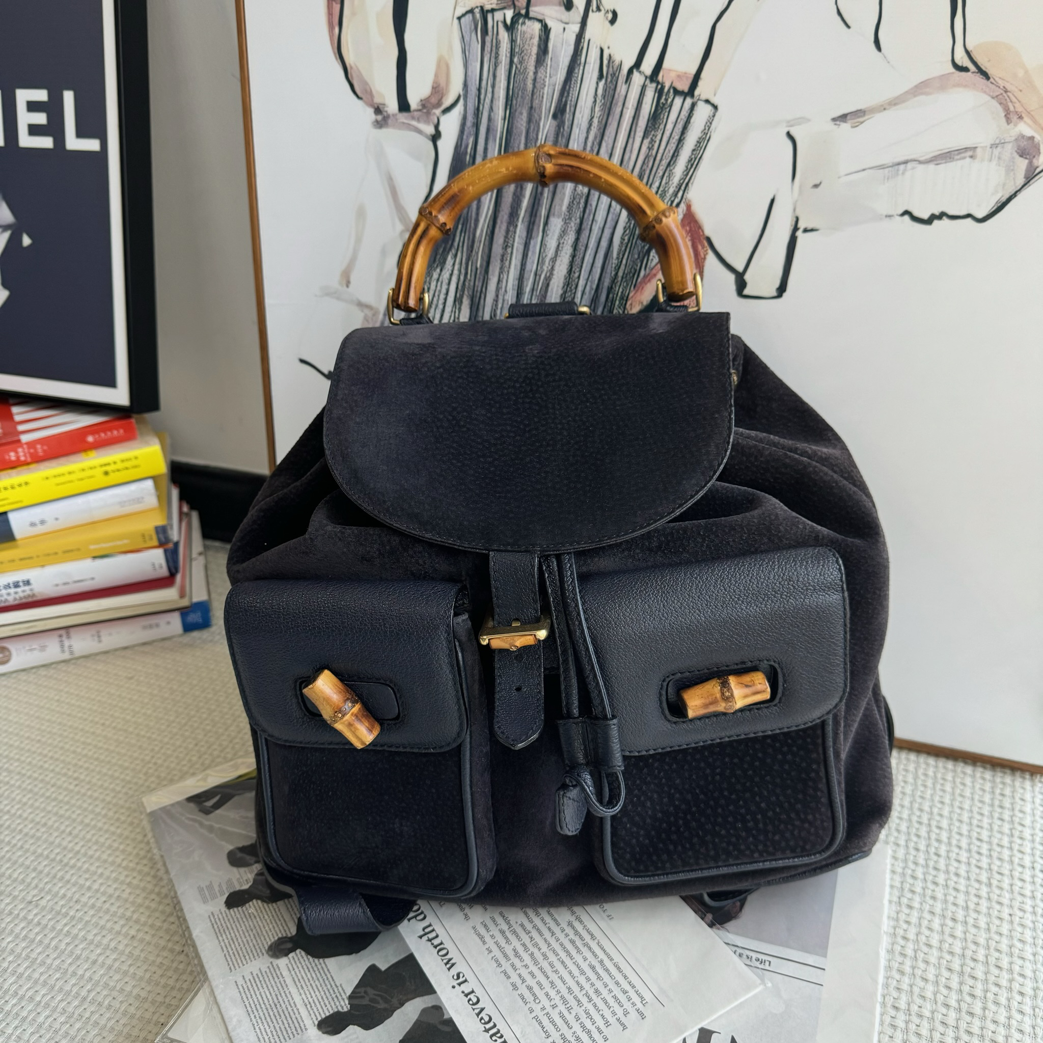 95新 GUCCI/古驰 麂皮竹节中古双肩包 超耐用