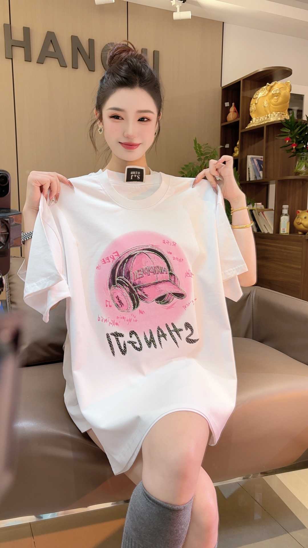 新款{happy帽子粉}高颜值老板娘气质款烫钻百搭T恤宽松休闲夏季