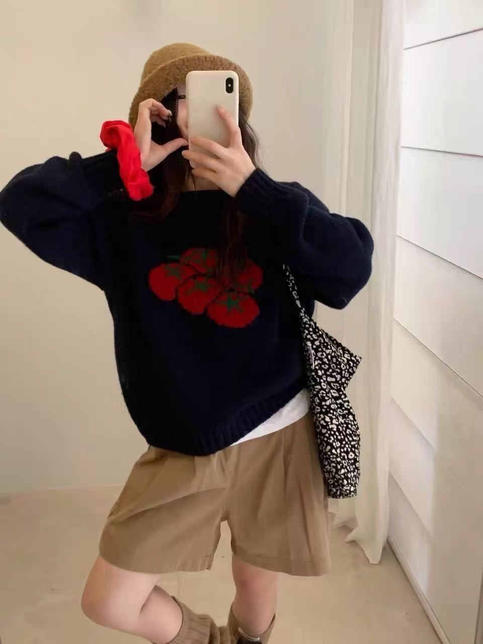 T1046 五颗番茄 韩版基础简约提花针织套头女